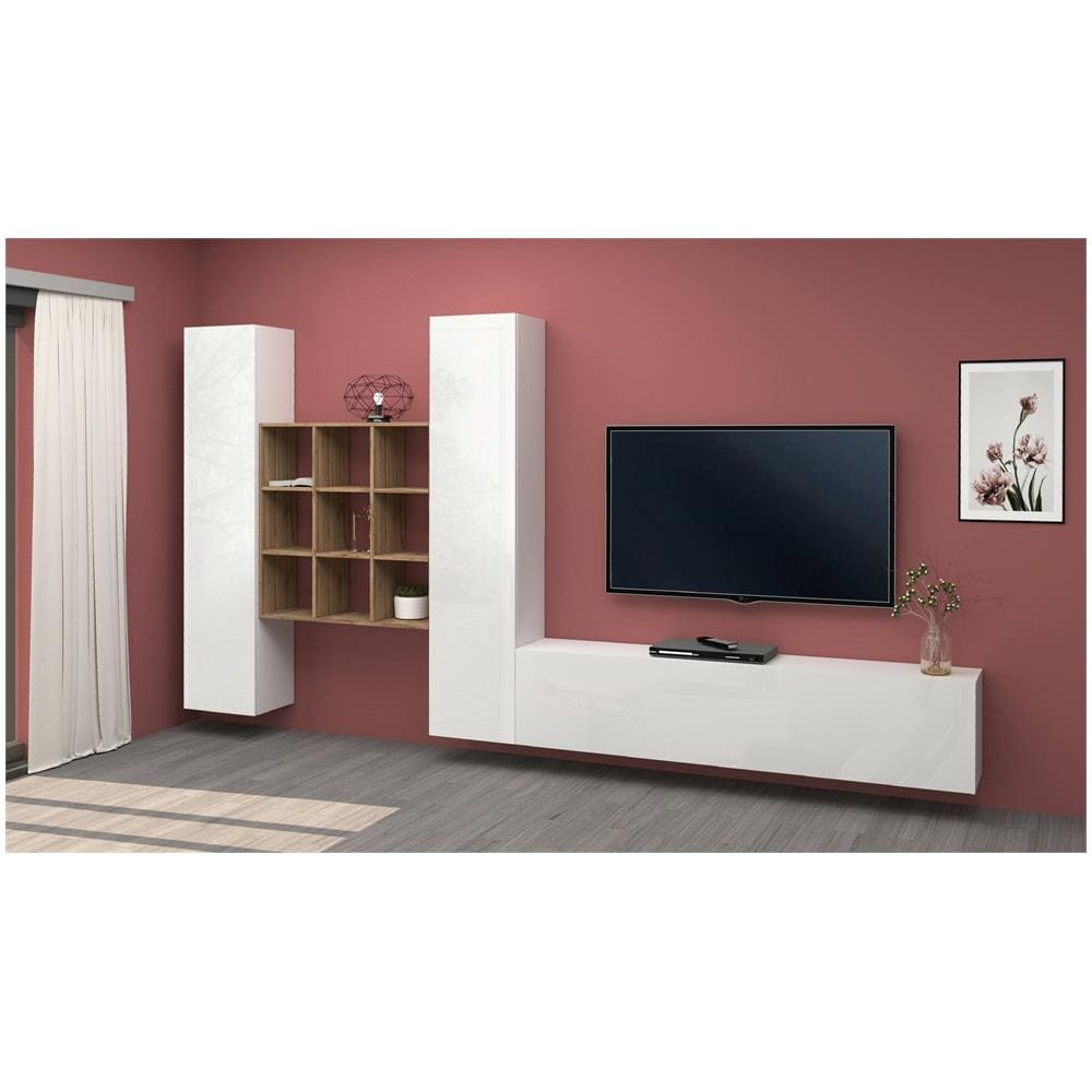 Parete Attrezzata Denis, Set Salotto Porta Tv A 3 Ante, Mobile Soggiorno Multiuso, 100% Made In Italy, Cm 270x30h180, Bianco Lucido E Acero - Foto 1
