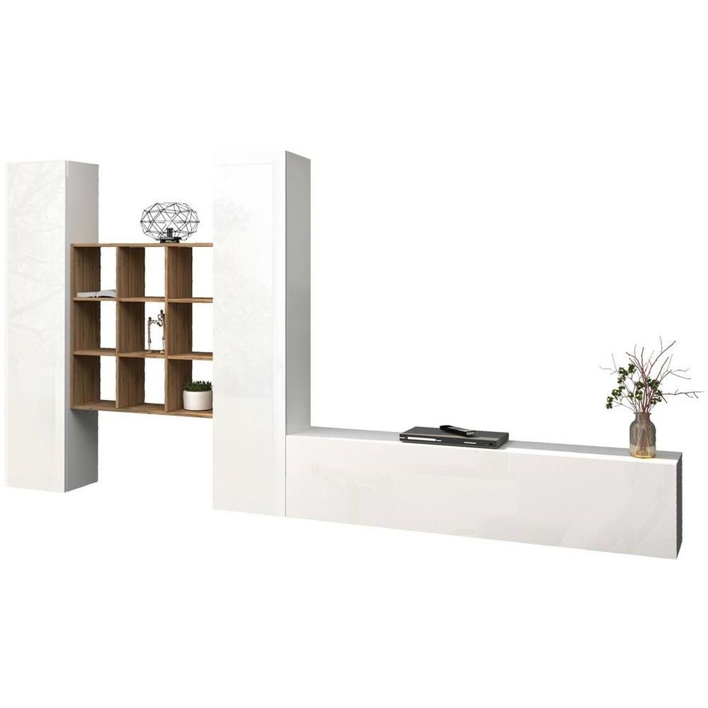 Parete Attrezzata Denis, Set Salotto Porta Tv A 3 Ante, Mobile Soggiorno Multiuso, 100% Made In Italy, Cm 270x30h180, Bianco Lucido E Acero - Foto 2