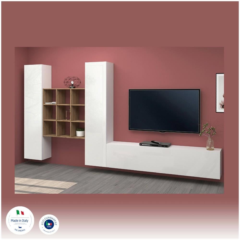 Parete Attrezzata Denis, Set Salotto Porta Tv A 3 Ante, Mobile Soggiorno Multiuso, 100% Made In Italy, Cm 270x30h180, Bianco Lucido E Acero - Foto 4