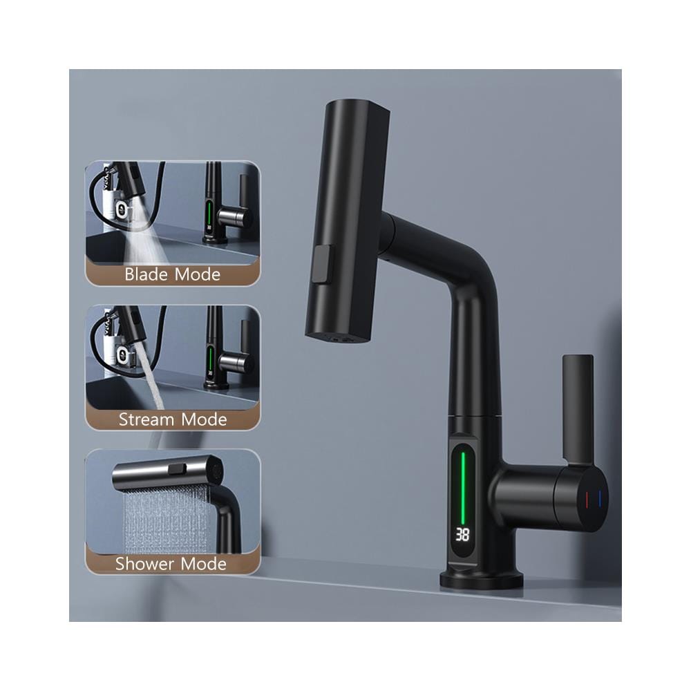 Rubinetto per lavabo da bagno, Blackswan, tipo M324, modello smart nero opaco, con display LCD, 3 modalità e doccia a cascata mobile, dimensioni 23 cm - Foto 2