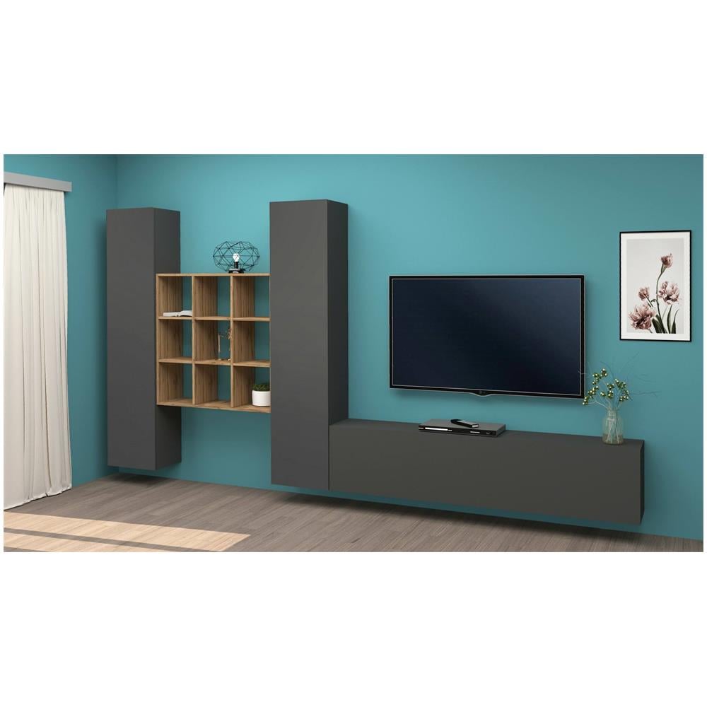 Parete Attrezzata Denis, Set Salotto Porta Tv A 3 Ante, Mobile Soggiorno Multiuso, 100% Made In Italy, Cm 270x30h180, Antracite E Acero - Foto 1