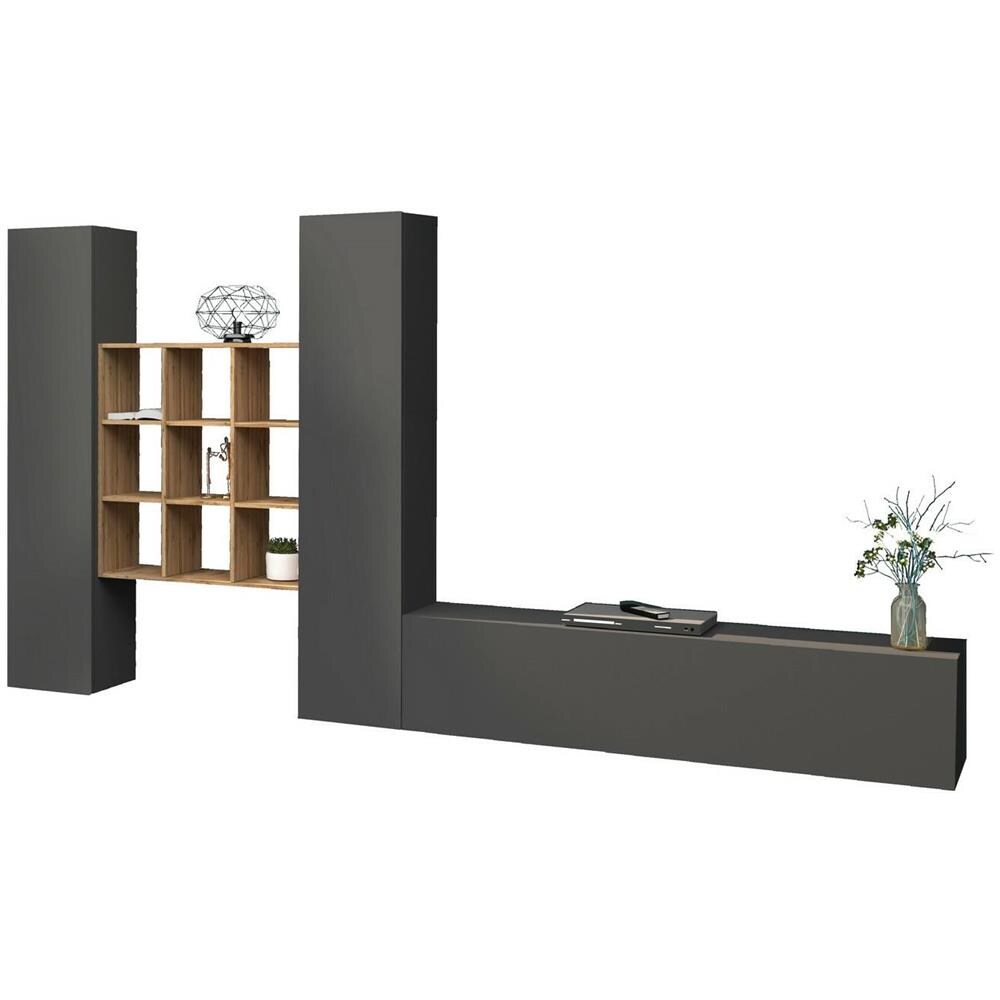 Parete Attrezzata Denis, Set Salotto Porta Tv A 3 Ante, Mobile Soggiorno Multiuso, 100% Made In Italy, Cm 270x30h180, Antracite E Acero - Foto 2