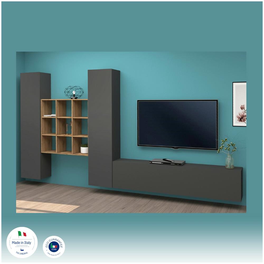 Parete Attrezzata Denis, Set Salotto Porta Tv A 3 Ante, Mobile Soggiorno Multiuso, 100% Made In Italy, Cm 270x30h180, Antracite E Acero - Foto 4
