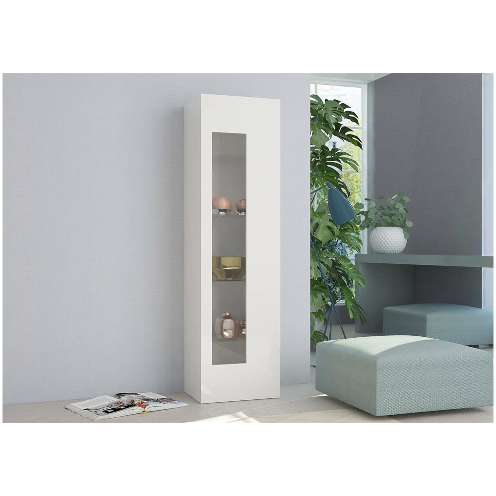 Vetrina Mimmo, Credenza Con Anta A Vetro, Mobile Da Soggiorno Multiuso, 100% Made In Italy, Cm 45x34h162, Bianco Lucido - Foto 1