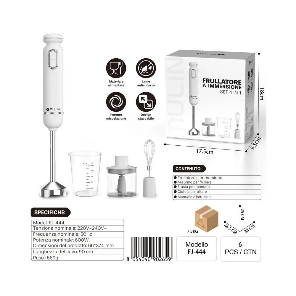 Mixer a Immersione 600W - Set 4 in 1 con Tritatutto, Frusta e Bicchiere - Bianco - Foto 2