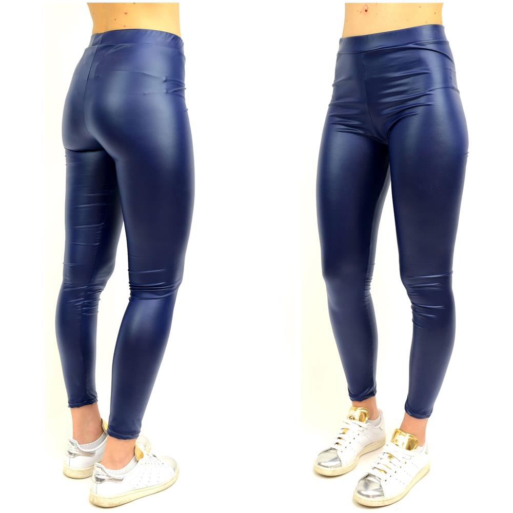 Leggings Donna Pantaloni Effetto Pelle Leggins Liquid Fuseaux Aderenti Hot Blu - L - Foto 1