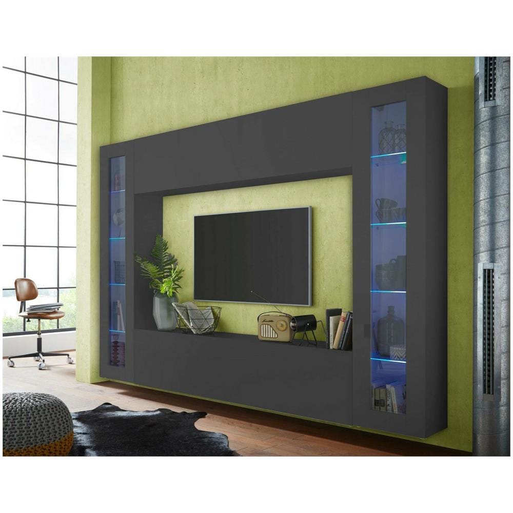 Parete Attrezzata Giuliano, Set Salotto Porta Tv A 4 Ante, Mobile Soggiorno Multiuso Con Vetrina E Luce Led, 100% Made In Italy, Cm 260x30h180, Antracite - Foto 1