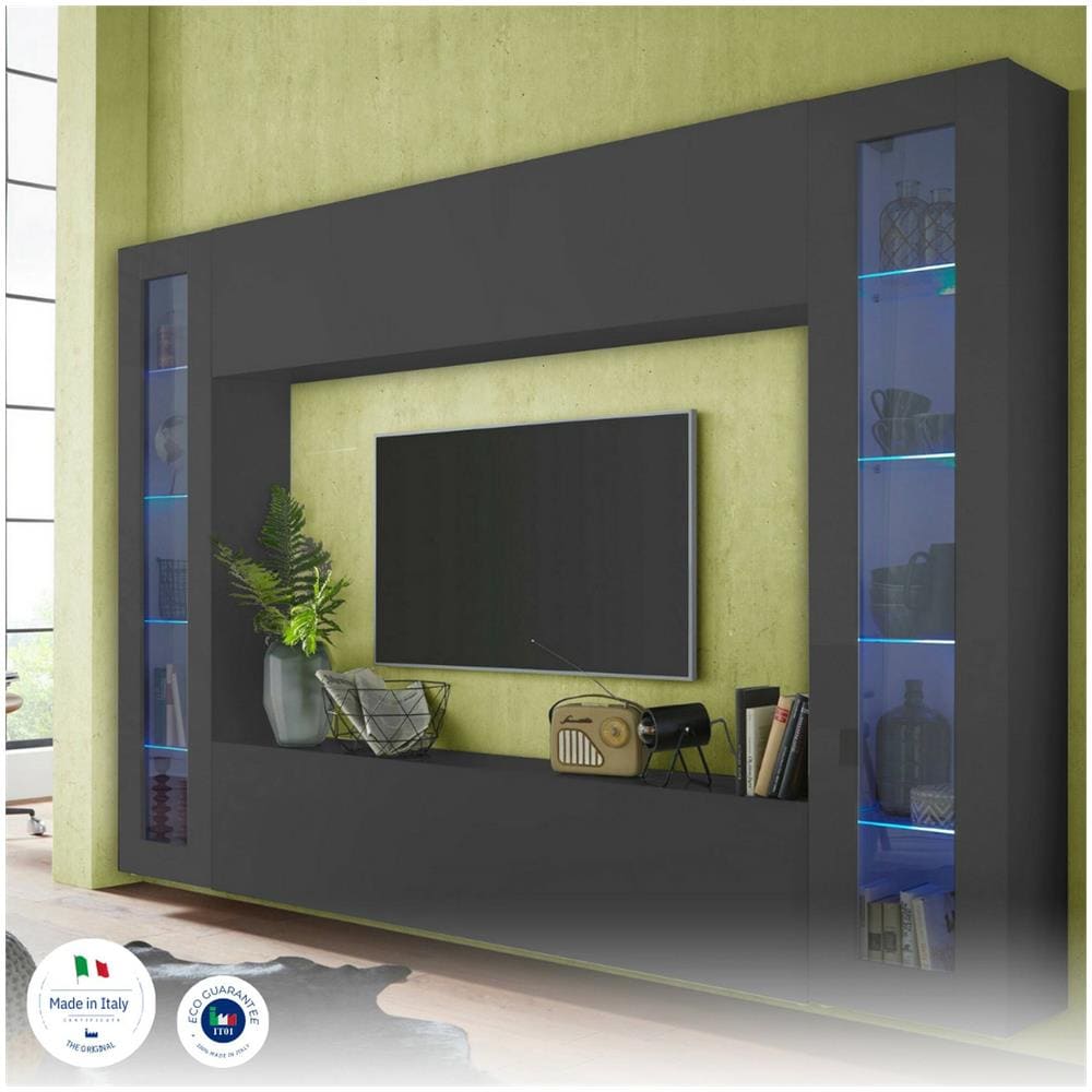 Parete Attrezzata Giuliano, Set Salotto Porta Tv A 4 Ante, Mobile Soggiorno Multiuso Con Vetrina E Luce Led, 100% Made In Italy, Cm 260x30h180, Antracite - Foto 4