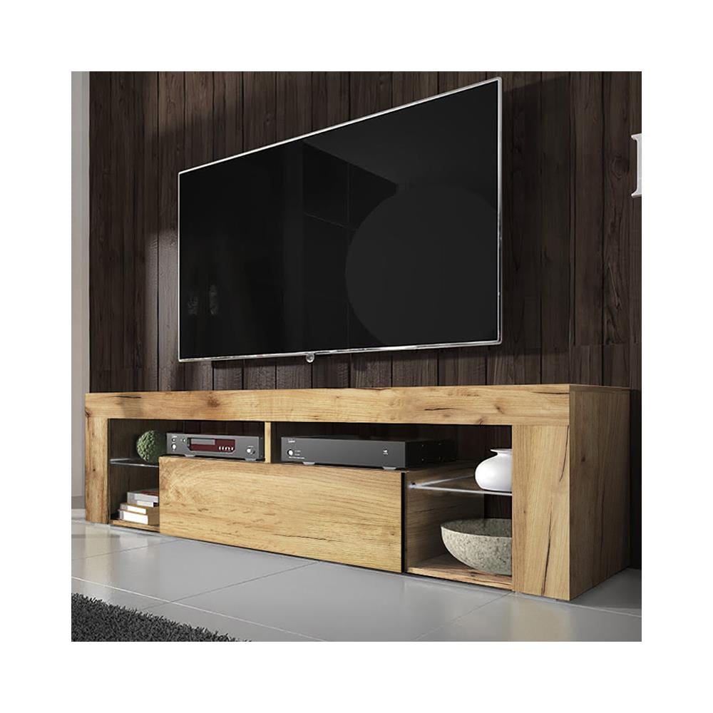 Bianko - Mobile Tv Moderno / Tavolino Tv / Porta Tv Elegante Con Ripiani In Vetro 140 Cm (quercia Dorata, Senza Led) - Foto 2