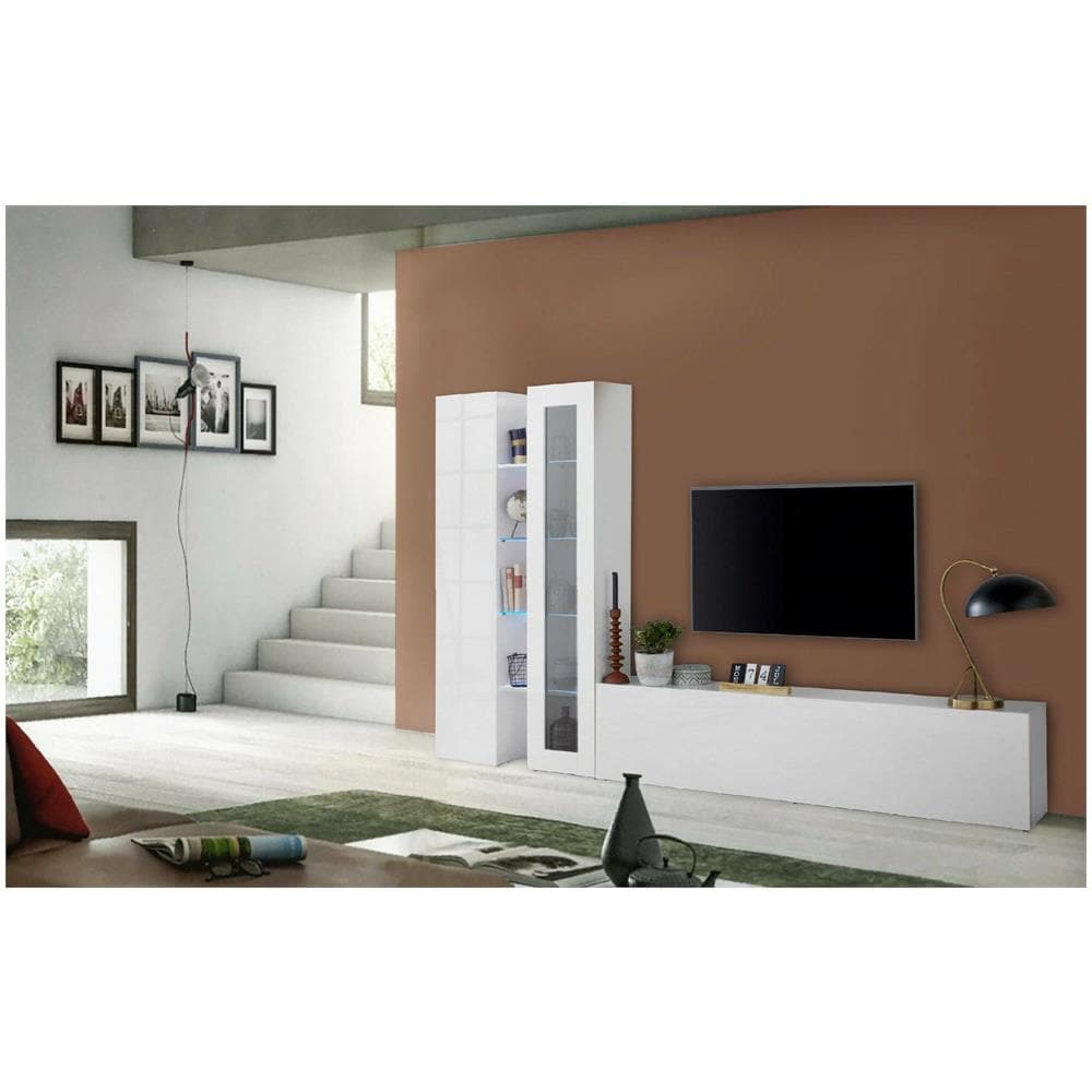 Parete Attrezzata Dimitri, Set Salotto Porta Tv A 3 Ante, Mobile Soggiorno Multiuso Con Vetrina E Luce Led, 100% Made In Italy, Cm 280x30h180, Bianco Lucido - Foto 1