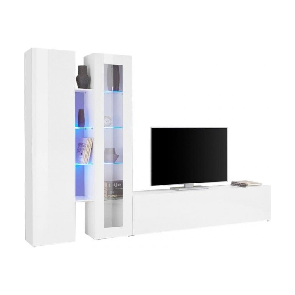 Parete Attrezzata Dimitri, Set Salotto Porta Tv A 3 Ante, Mobile Soggiorno Multiuso Con Vetrina E Luce Led, 100% Made In Italy, Cm 280x30h180, Bianco Lucido - Foto 2