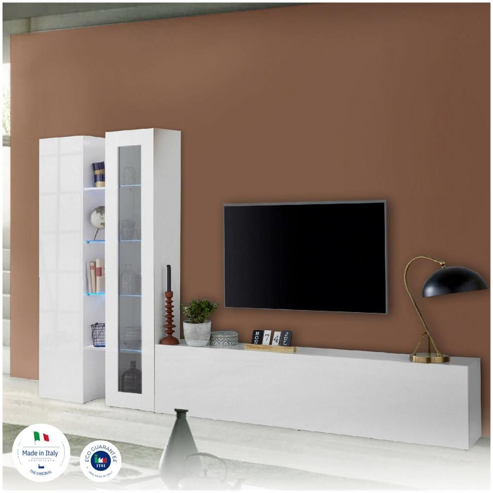Parete Attrezzata Dimitri, Set Salotto Porta Tv A 3 Ante, Mobile Soggiorno Multiuso Con Vetrina E Luce Led, 100% Made In Italy, Cm 280x30h180, Bianco Lucido - Foto 4