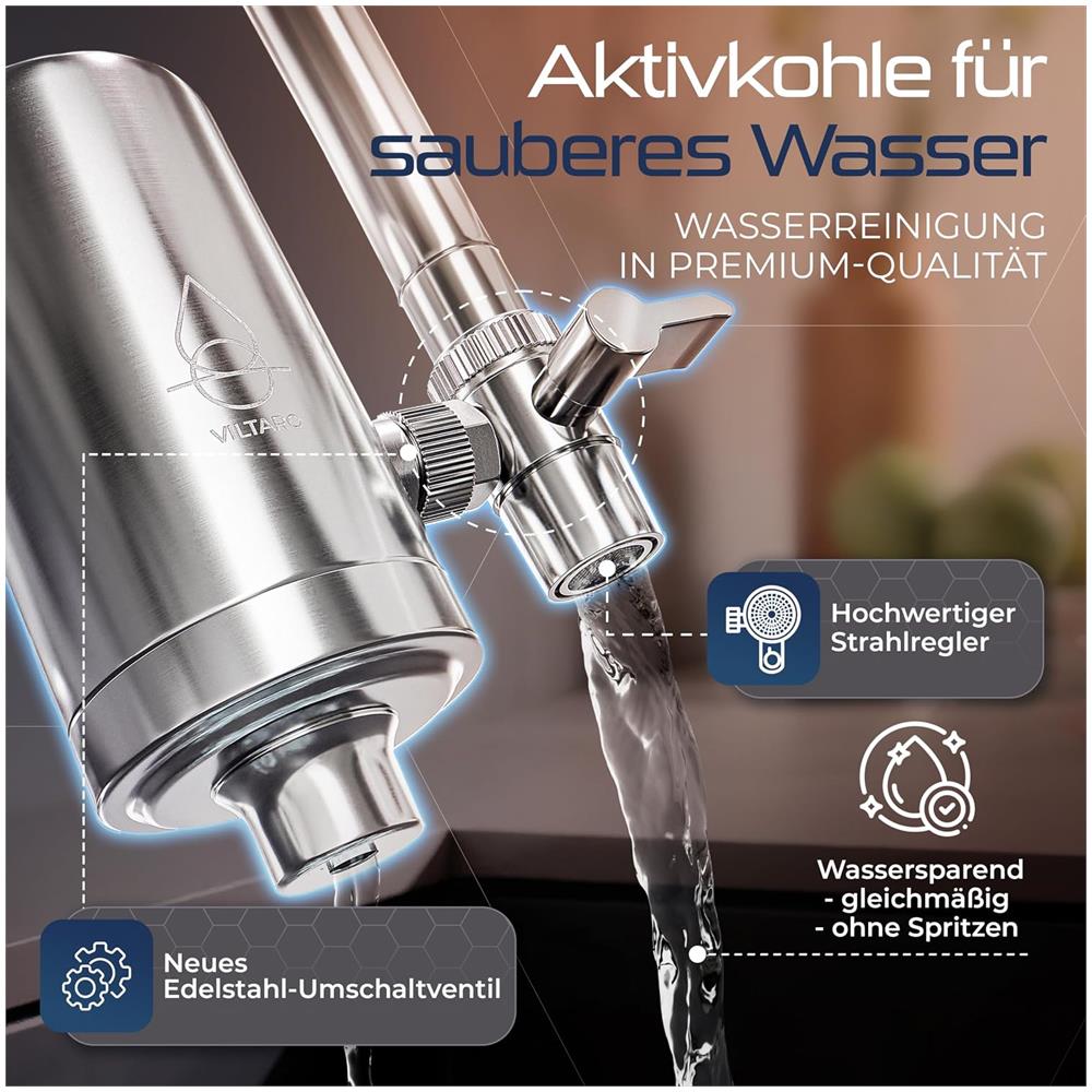 Filtro per rubinetto anticalcare in acciaio inox Aqua CarbonPlus con carbone attivo da gusci di cocco e filtrazione 4 µm con adattatori M22 e M24 per cucina e bagno - Foto 1