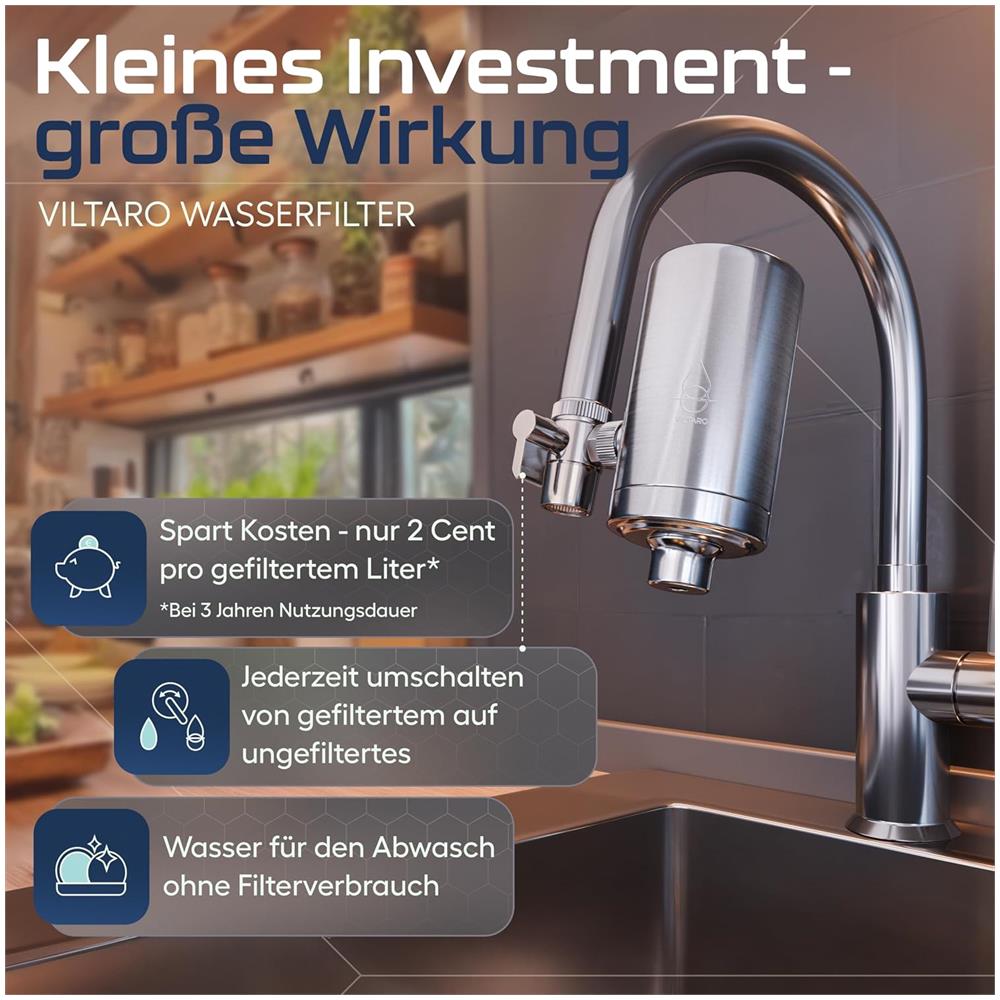 Filtro per rubinetto anticalcare in acciaio inox Aqua CarbonPlus con carbone attivo da gusci di cocco e filtrazione 4 µm con adattatori M22 e M24 per cucina e bagno - Foto 2
