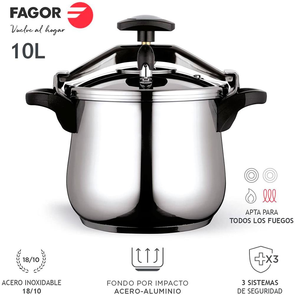 Fagor Clásica Bombe 10 Pentola A Pressione 10 L, Induzione, Acciaio Inox. 18/10, 3 Sistemi Di Sicurezza  Argento - Foto 2