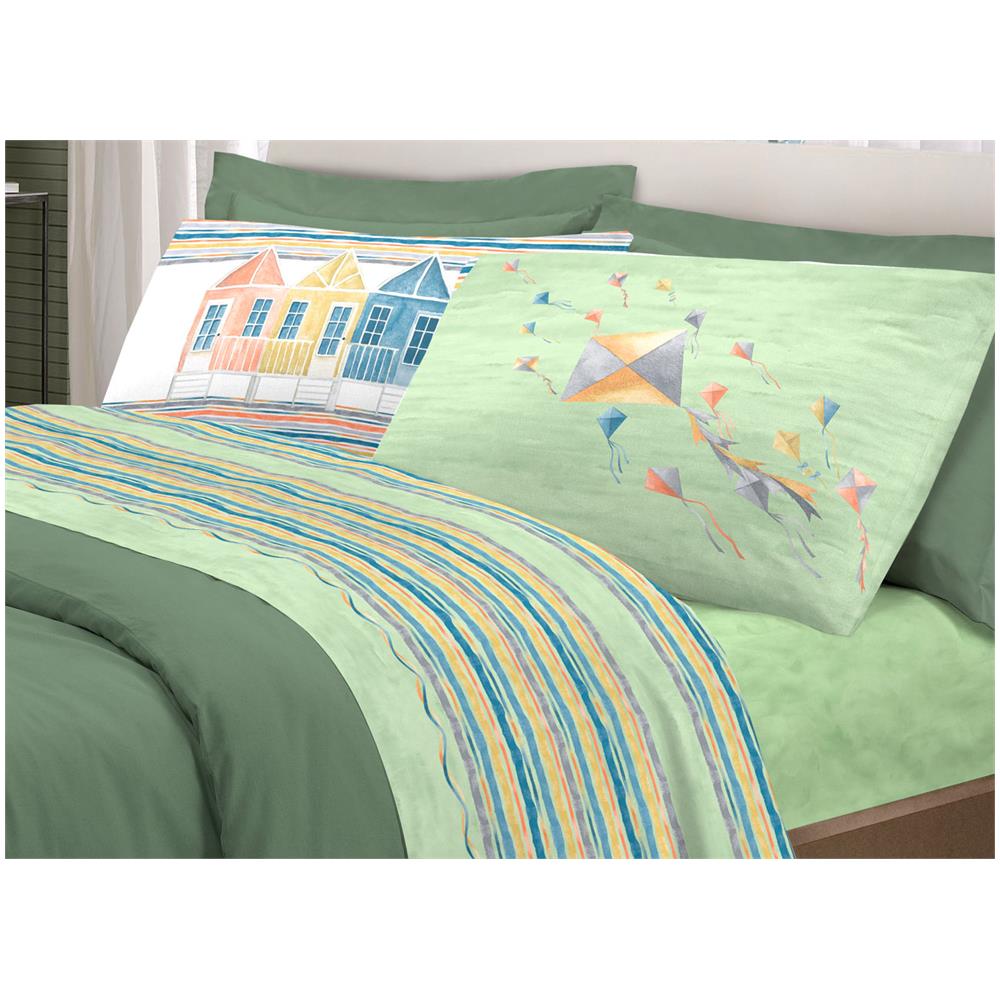 Completo Lenzuola Letto Pensieri Delicati 100% Cotone Dis. Aquiloni Piazza E Mezza Verde - Foto 1