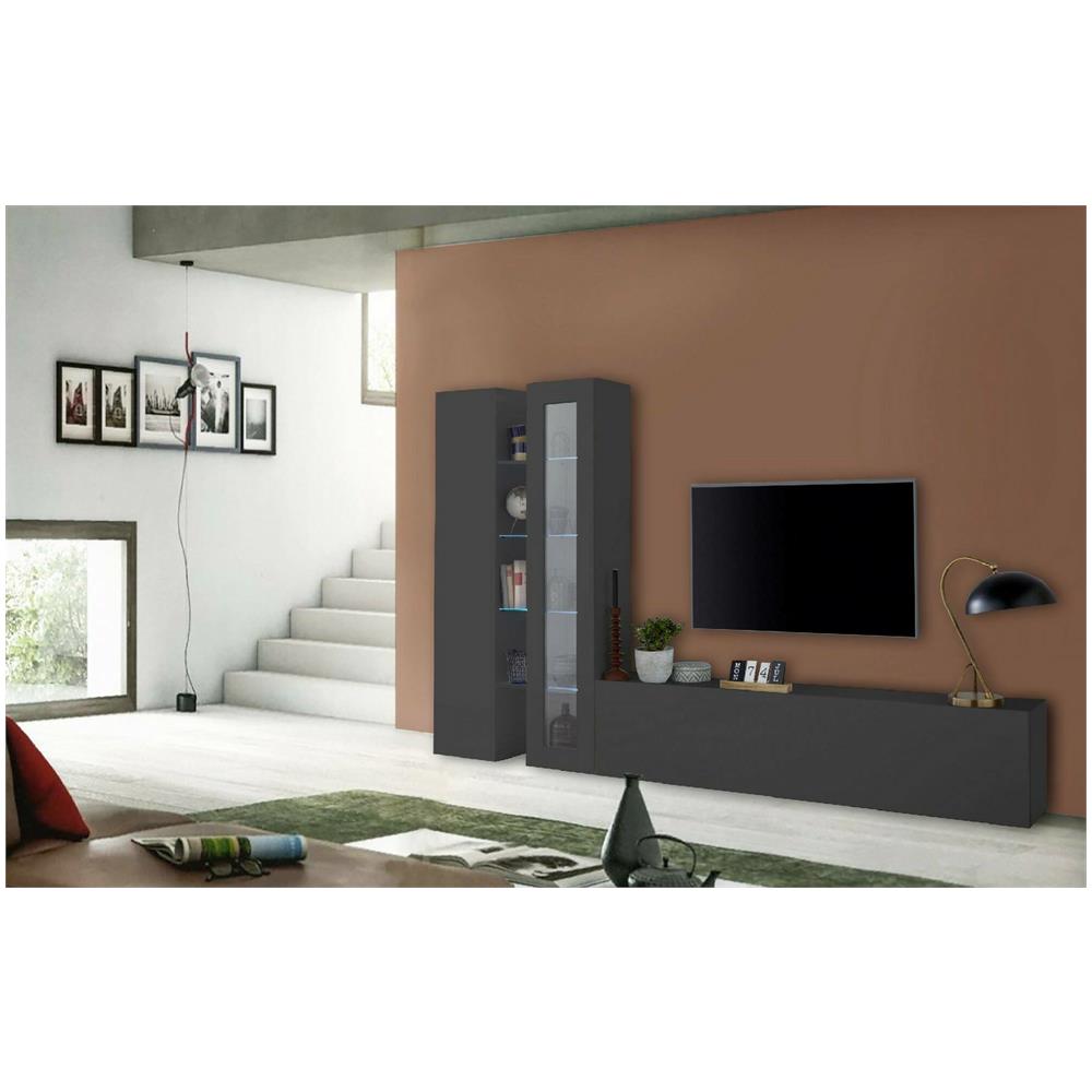 Parete Attrezzata Dimitri, Set Salotto Porta Tv A 3 Ante, Mobile Soggiorno Multiuso Con Vetrina E Luce Led, 100% Made In Italy, Cm 280x30h180, Antracite - Foto 1