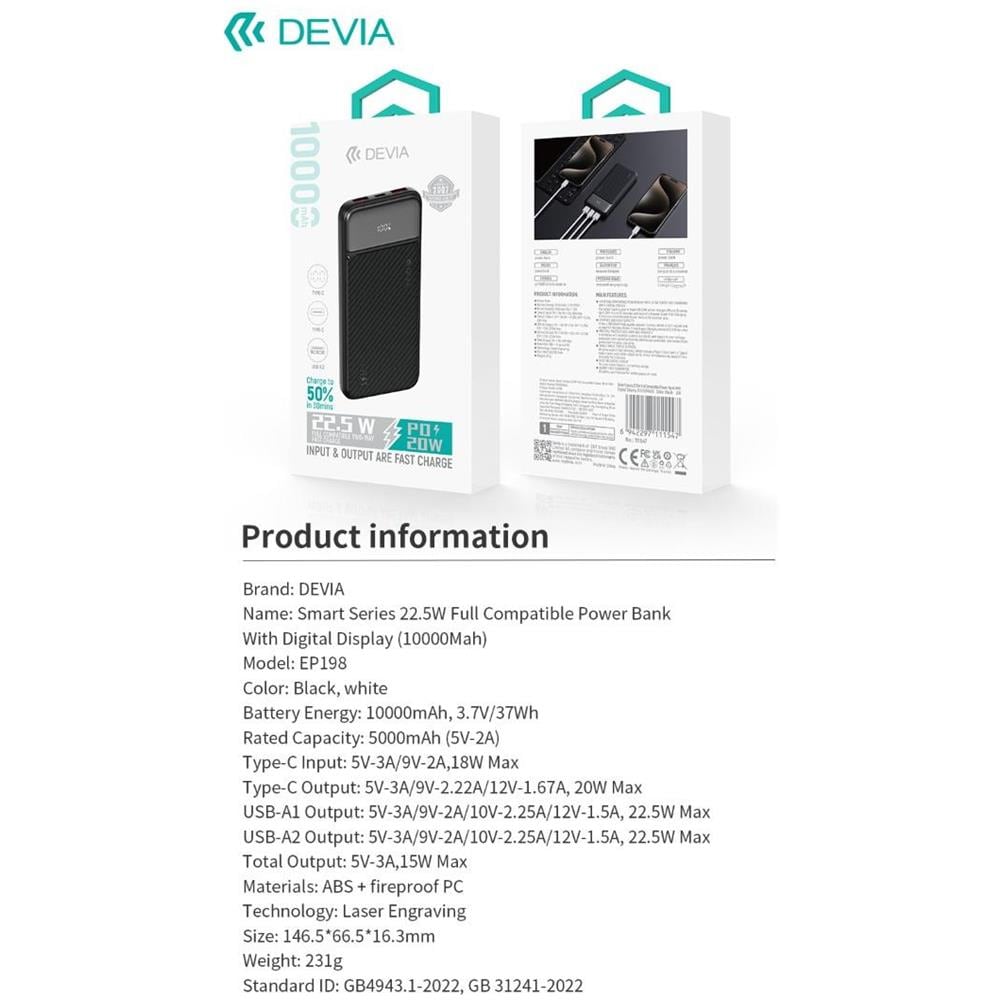 Power bank completamente compatibile 22,5 W con display digitale 10000 mAh Nero - Foto 3