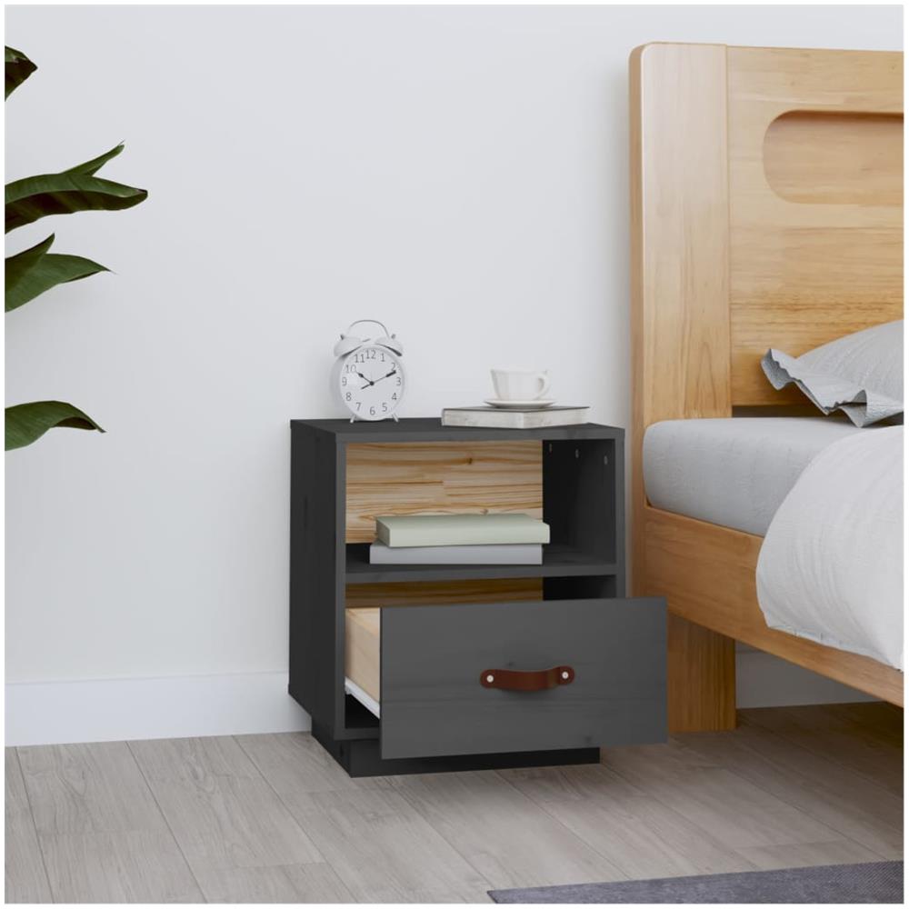 Comodino Grigio 40x34x45 Cm In Legno Massello Di Pino - Foto 2