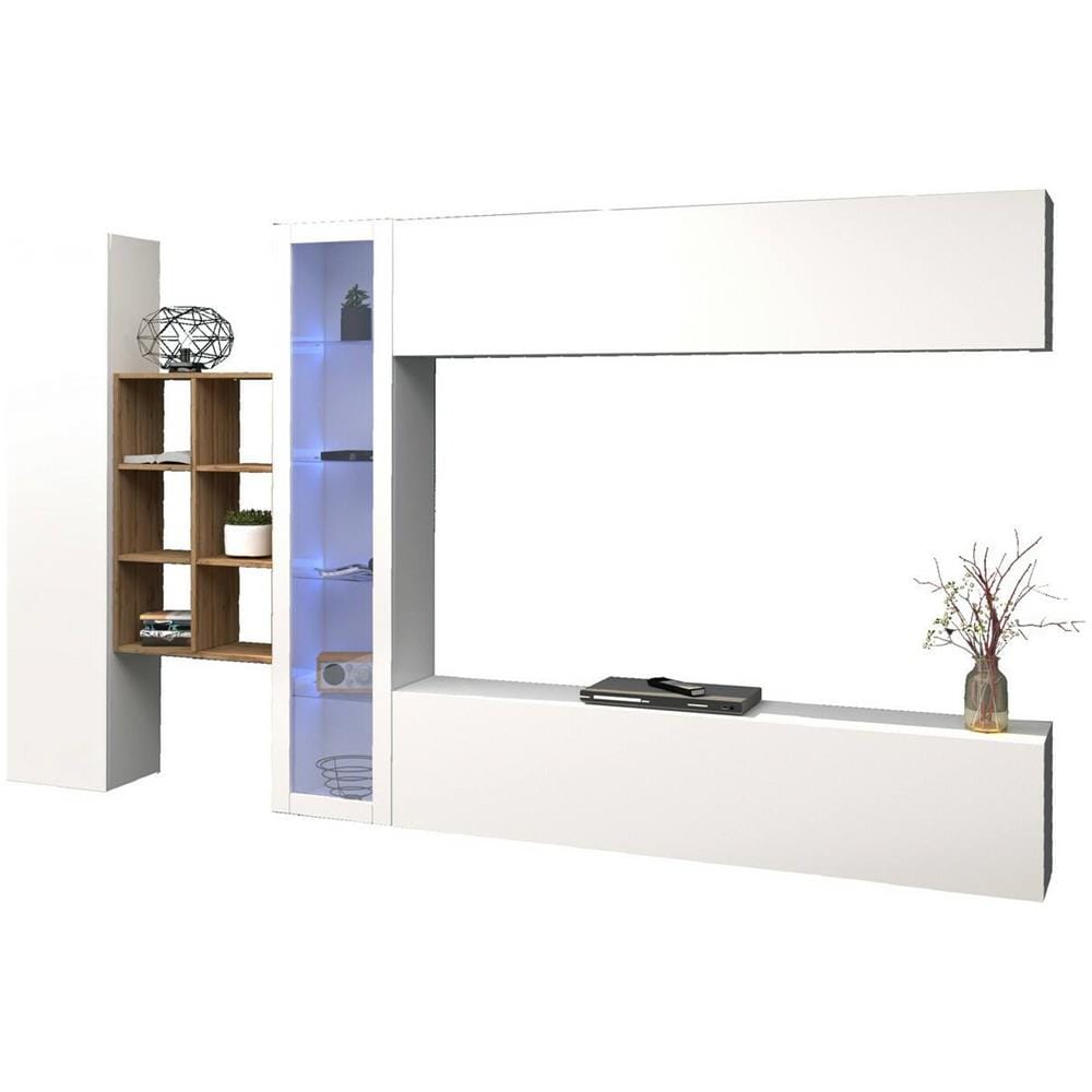 Parete Attrezzata Dino, Set Salotto Porta Tv A 4 Ante, Mobile Soggiorno Multiuso Con Vetrina E Luce Led, 100% Made In Italy, Cm 280x30h180, Bianco Lucido E Acero - Foto 2