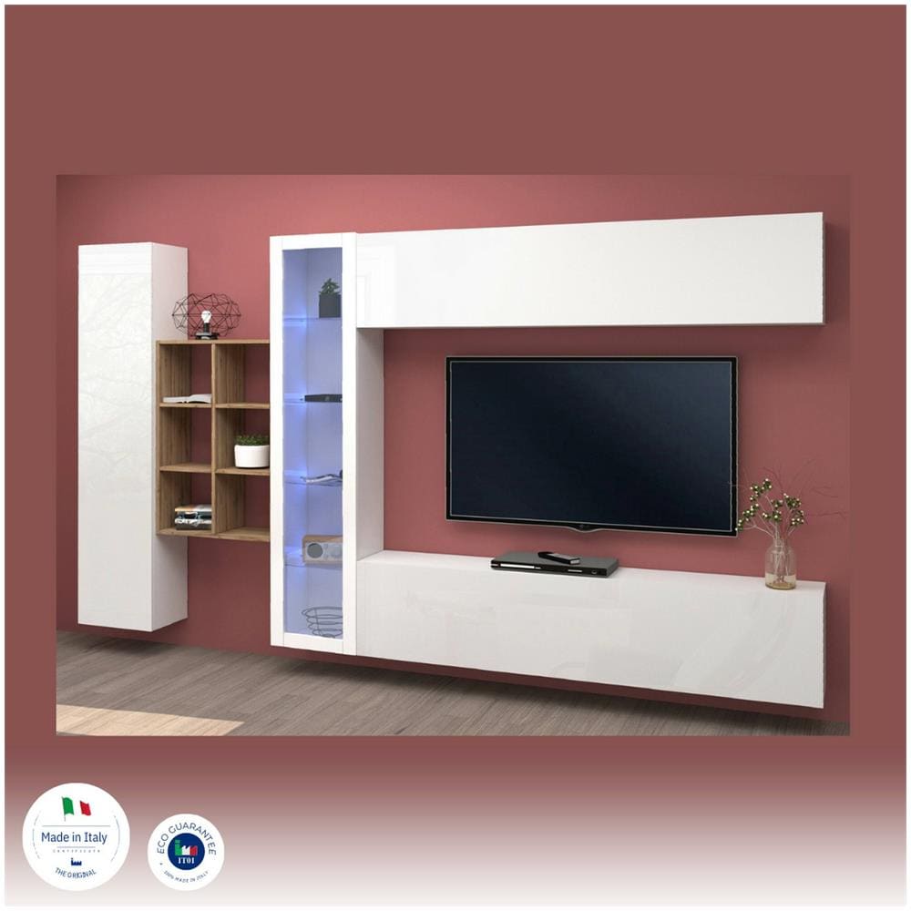 Parete Attrezzata Dino, Set Salotto Porta Tv A 4 Ante, Mobile Soggiorno Multiuso Con Vetrina E Luce Led, 100% Made In Italy, Cm 280x30h180, Bianco Lucido E Acero - Foto 4