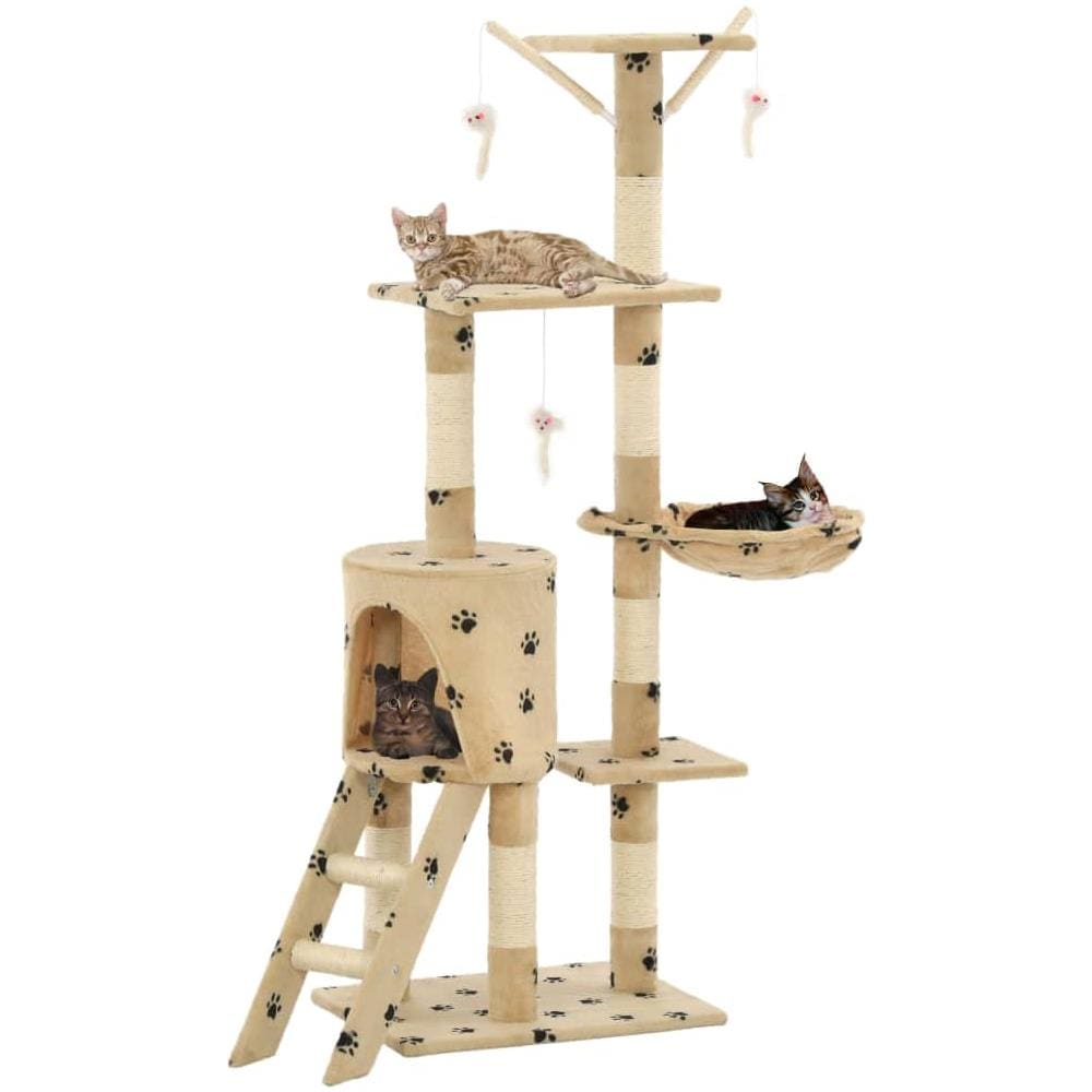 Albero Per Gatti E Tiragraffi Sisal 138 Cm Zampe Stampate Beige - Foto 1