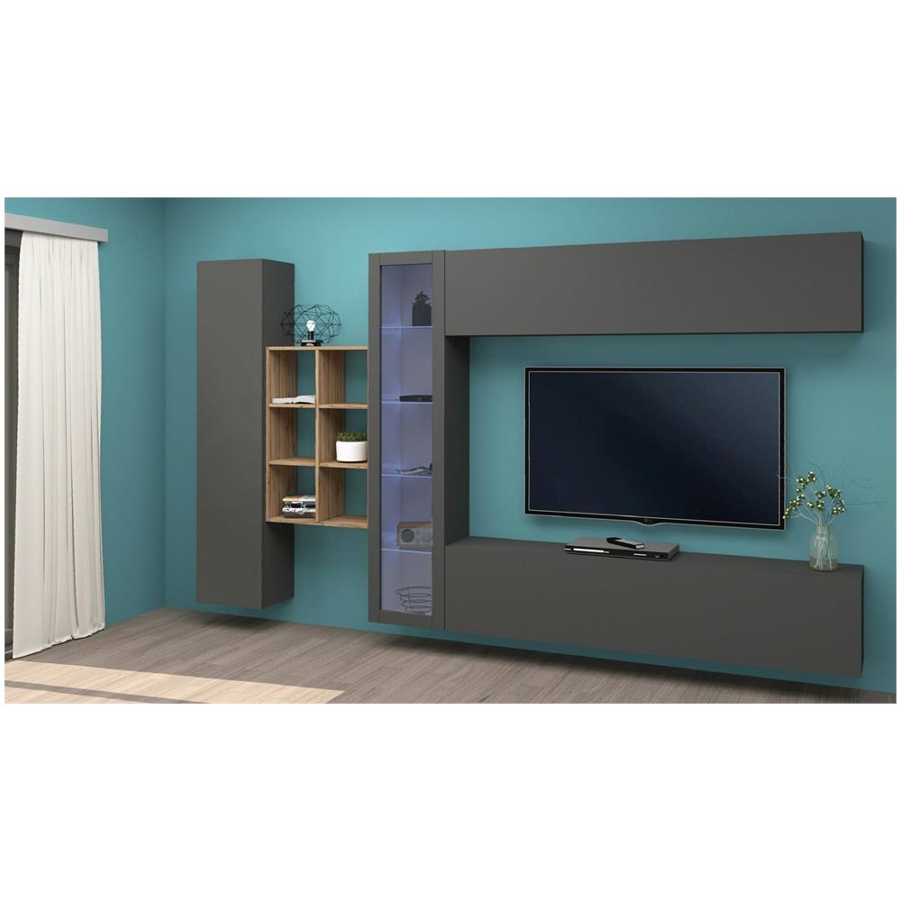Parete Attrezzata Dino, Set Salotto Porta Tv A 4 Ante, Mobile Soggiorno Multiuso Con Vetrina E Luce Led, 100% Made In Italy, Cm 280x30h180, Antracite E Acero - Foto 1