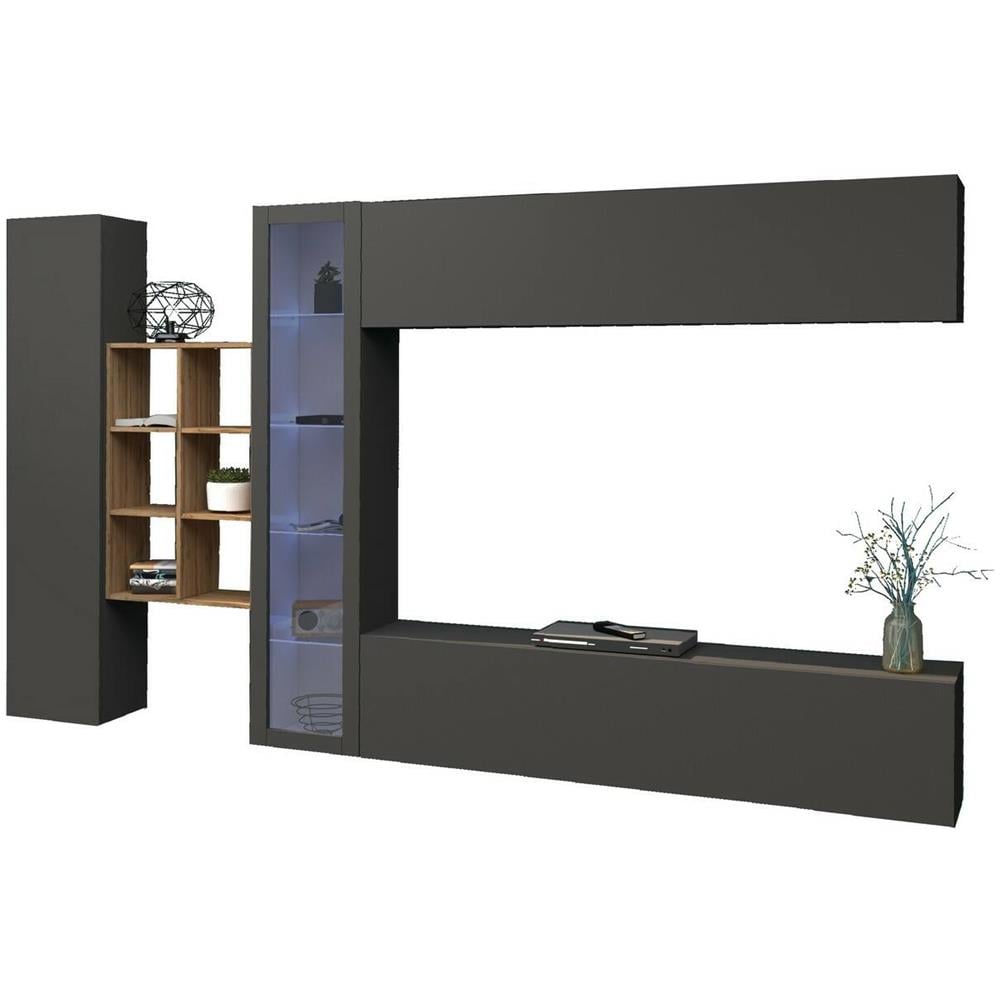 Parete Attrezzata Dino, Set Salotto Porta Tv A 4 Ante, Mobile Soggiorno Multiuso Con Vetrina E Luce Led, 100% Made In Italy, Cm 280x30h180, Antracite E Acero - Foto 2