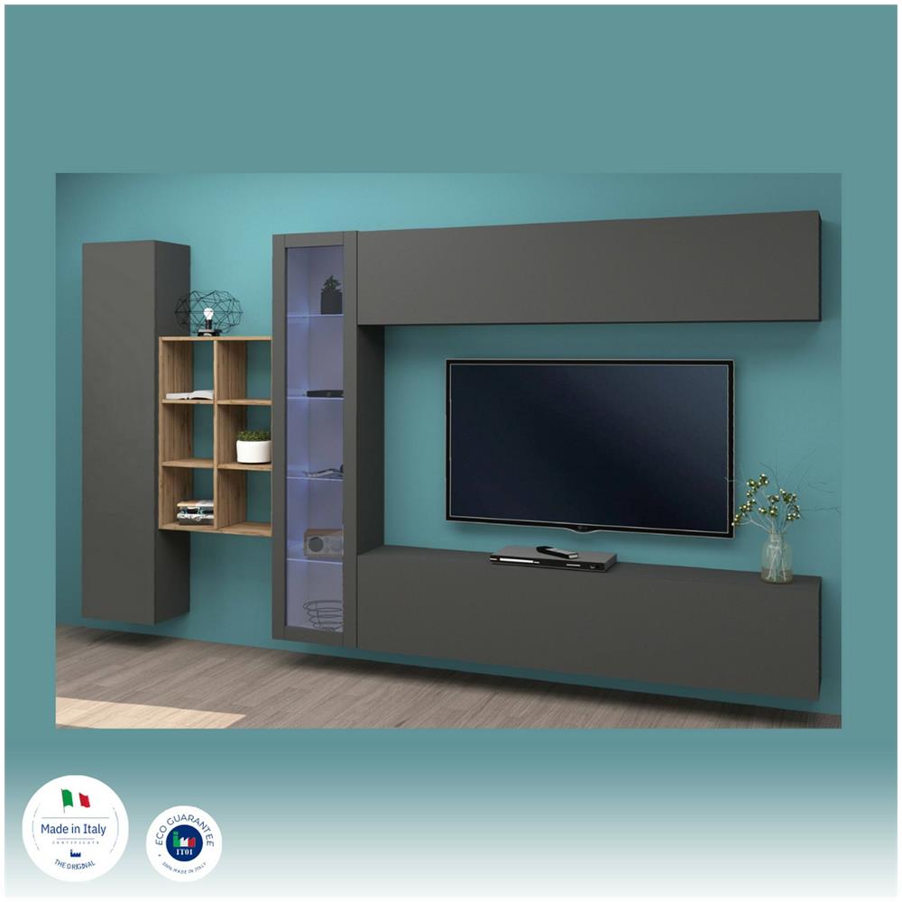 Parete Attrezzata Dino, Set Salotto Porta Tv A 4 Ante, Mobile Soggiorno Multiuso Con Vetrina E Luce Led, 100% Made In Italy, Cm 280x30h180, Antracite E Acero - Foto 4