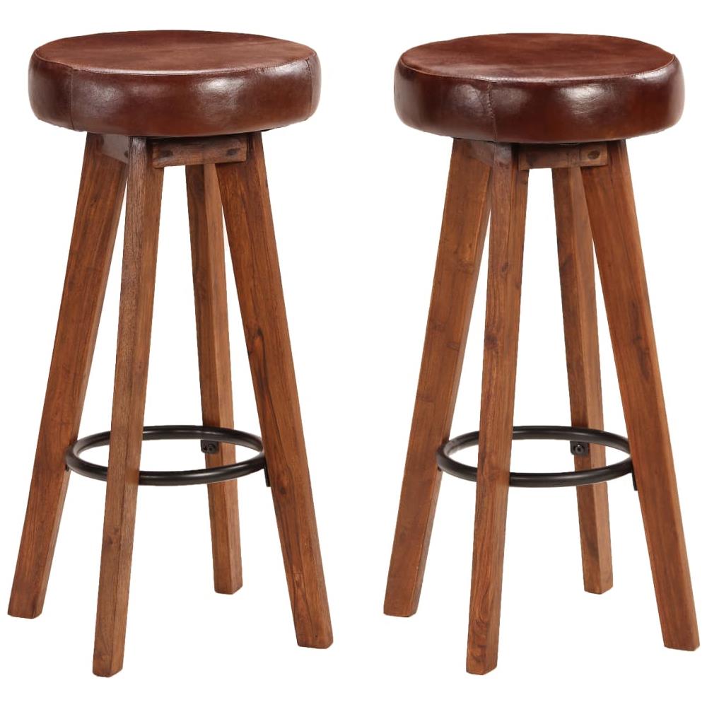 Sedie Da Bar 2 Pz In Massello Di Acacia E Vera Pelle 45x45x76cm - Foto 1