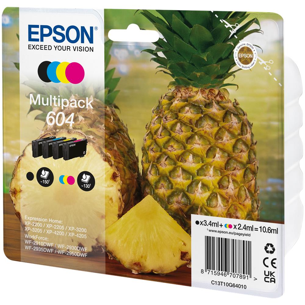 Ananas 604 Multipack Cartuccia Ink Originale Nero / Ciano / Magenta / Giallo per Expression Home XP-2200 / 4205 / WorkForce WF-2910  - Foto 1