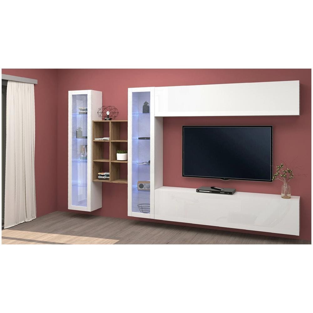 Parete Attrezzata Demetrio, Set Salotto Porta Tv A 4 Ante, Mobile Soggiorno Multiuso, 100% Made In Italy, Cm 280x30h180, Bianco Lucido E Acero - Foto 1