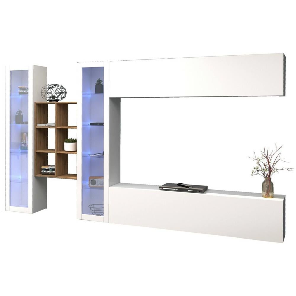 Parete Attrezzata Demetrio, Set Salotto Porta Tv A 4 Ante, Mobile Soggiorno Multiuso, 100% Made In Italy, Cm 280x30h180, Bianco Lucido E Acero - Foto 2