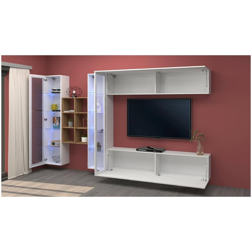 Parete Attrezzata Demetrio, Set Salotto Porta Tv A 4 Ante, Mobile Soggiorno Multiuso, 100% Made In Italy, Cm 280x30h180, Bianco Lucido E Acero - Foto 4