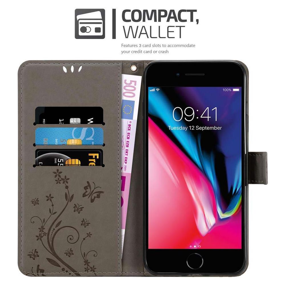 Custodia Compatibile Con Apple Iphone 8 Plus / 7 Plus / 7s Plus In Grigio Fiore - Coperchio Protettivo In Design Floreale Con Chiusura Magnetica, Funzione Stand E Slot Per Carte - Foto 2