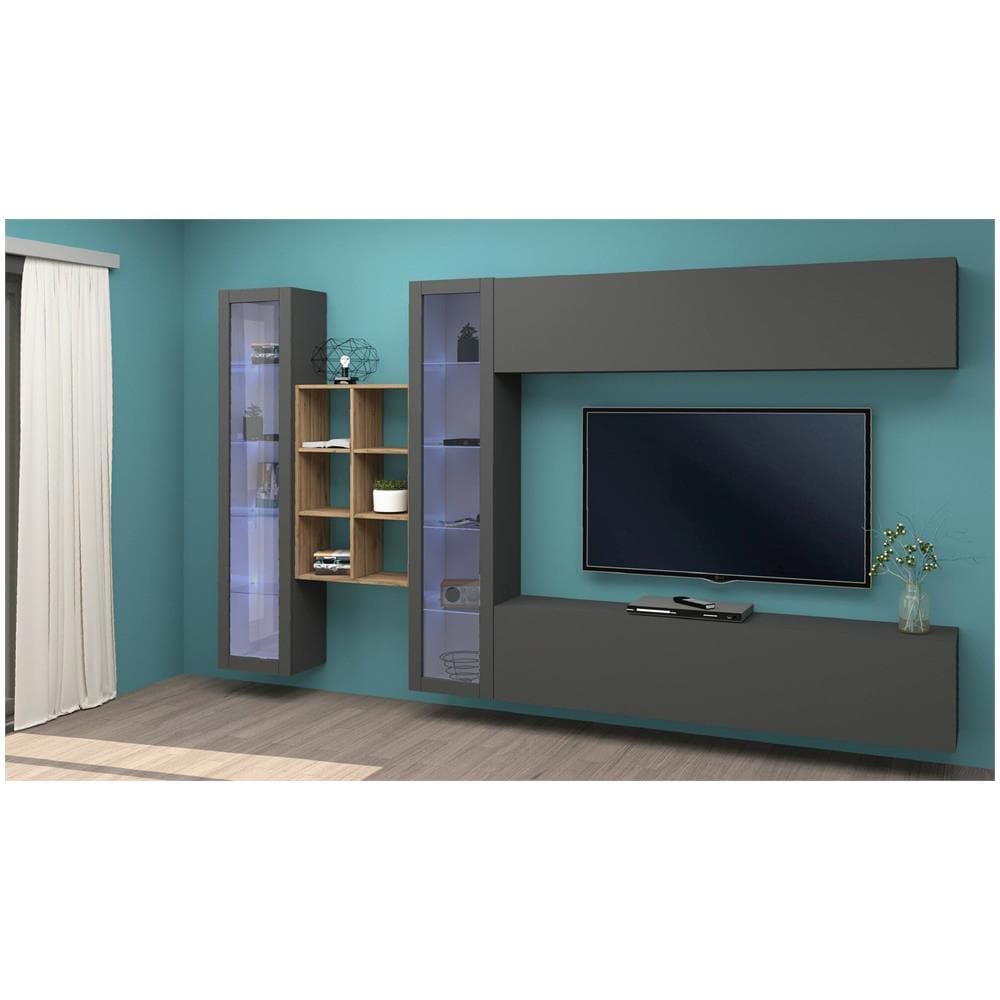 Parete Attrezzata Demetrio, Set Salotto Porta Tv A 4 Ante, Mobile Soggiorno Multiuso, 100% Made In Italy, Cm 280x30h180, Antracite E Acero - Foto 1