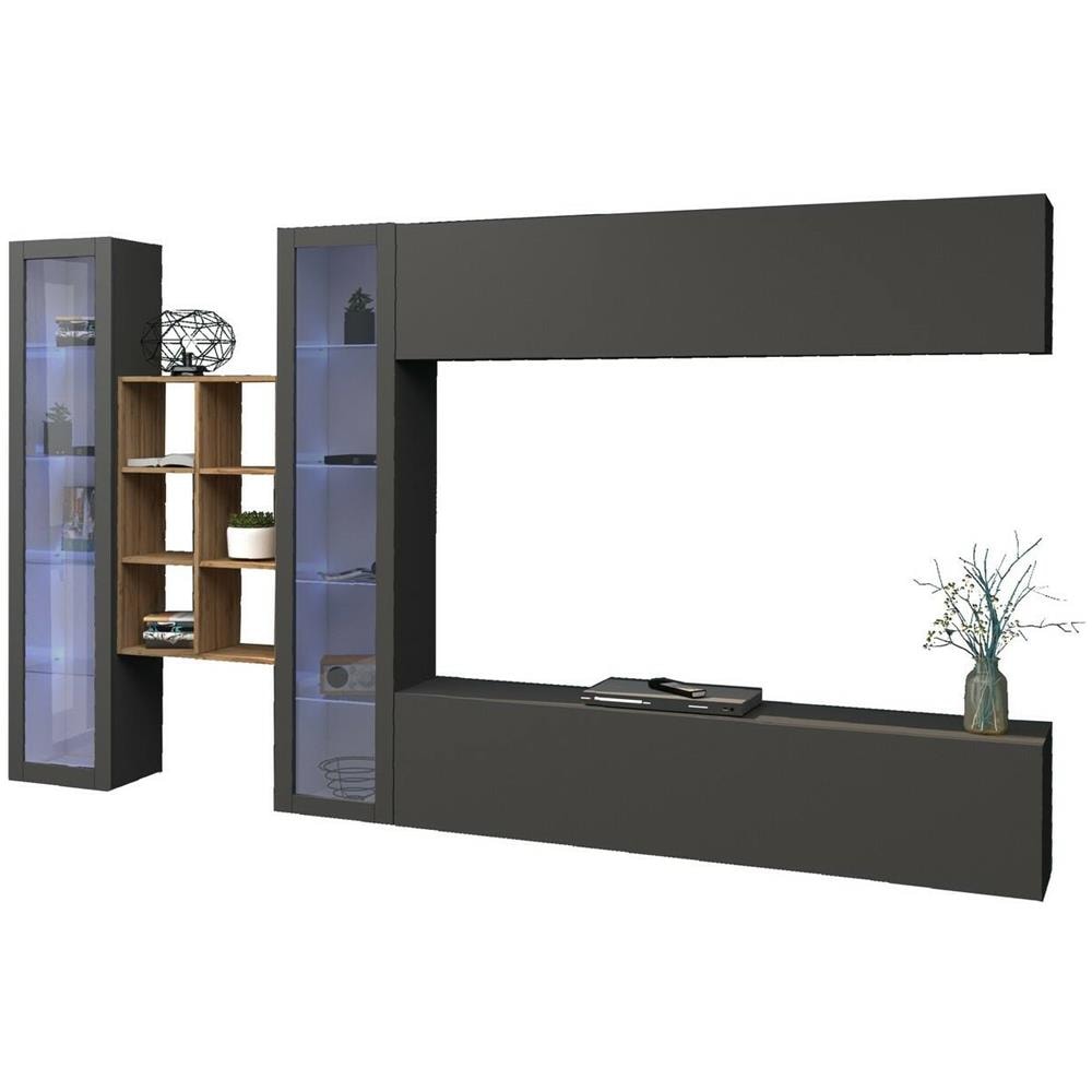 Parete Attrezzata Demetrio, Set Salotto Porta Tv A 4 Ante, Mobile Soggiorno Multiuso, 100% Made In Italy, Cm 280x30h180, Antracite E Acero - Foto 2