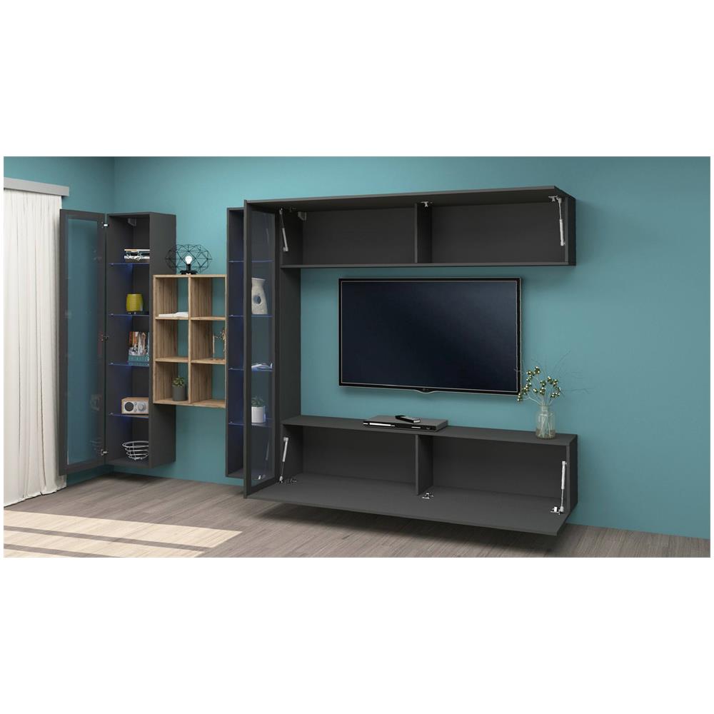 Parete Attrezzata Demetrio, Set Salotto Porta Tv A 4 Ante, Mobile Soggiorno Multiuso, 100% Made In Italy, Cm 280x30h180, Antracite E Acero - Foto 4