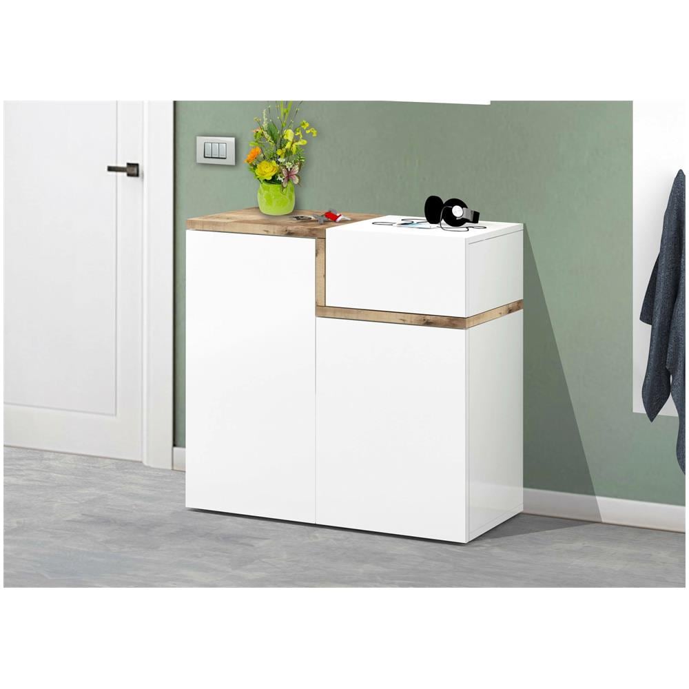 Scarpiera Ryan, Mobile Multiuso A 2 Ante E 1 Anta A Ribalta, Portascarpe Da Ingresso, 100% Made In Italy, Cm 80x40h80, Bianco Lucido E Acero - Foto 1