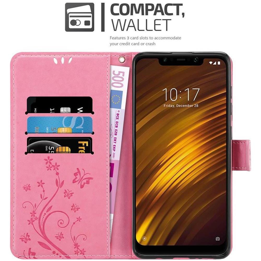 Custodia Compatibile Con Xiaomi Pocophone F1 In Rosa Fiore - Coperchio Protettivo In Design Floreale Con Chiusura Magnetica, Funzione Stand E Slot Per Carte - Foto 2