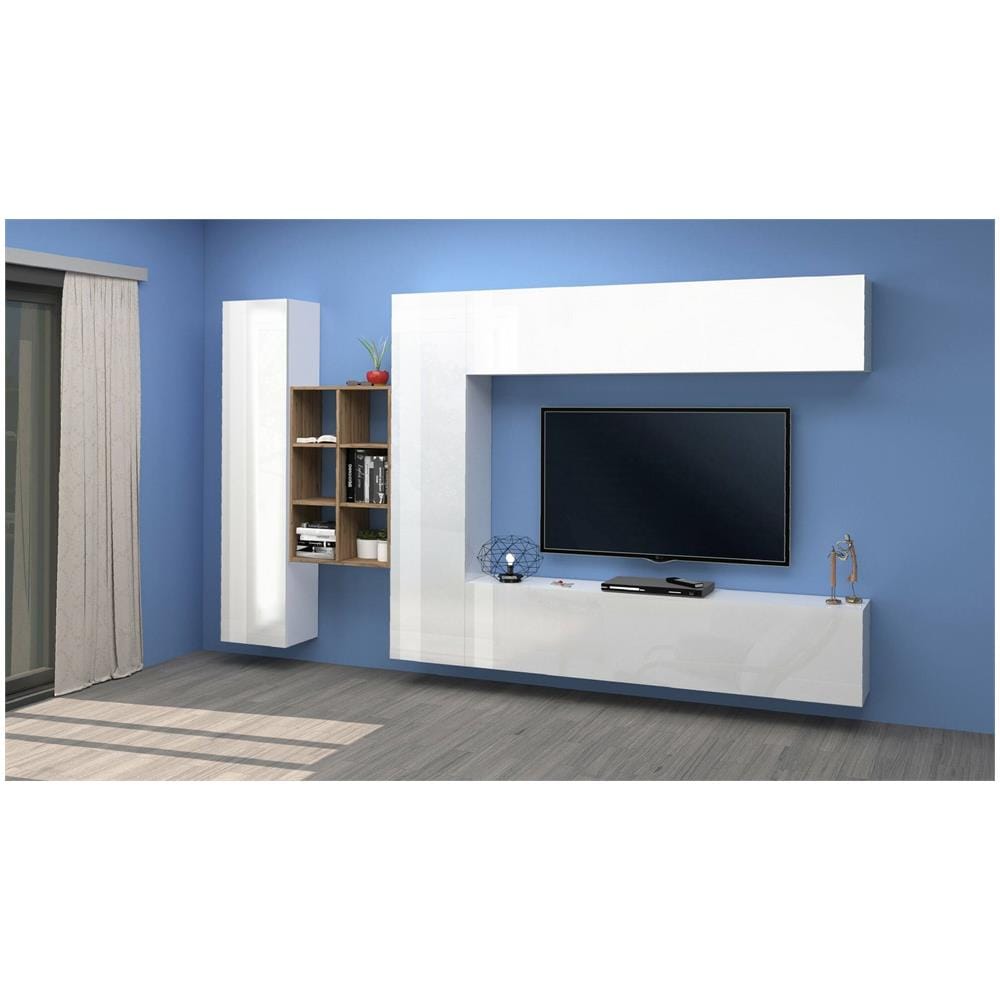 Parete Attrezzata Danilo, Set Salotto Porta Tv A 4 Ante, Mobile Soggiorno Multiuso, 100% Made In Italy, Cm 280x30h180, Bianco Lucido E Acero - Foto 1