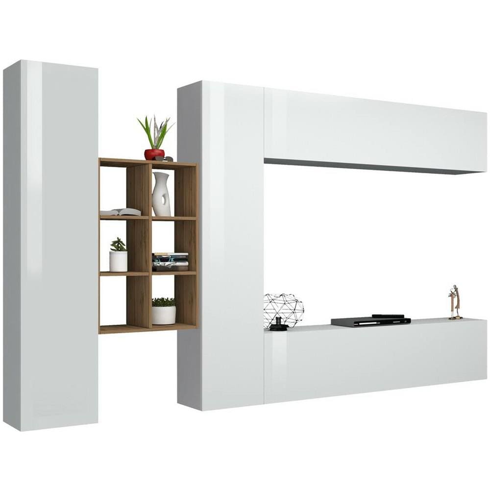 Parete Attrezzata Danilo, Set Salotto Porta Tv A 4 Ante, Mobile Soggiorno Multiuso, 100% Made In Italy, Cm 280x30h180, Bianco Lucido E Acero - Foto 2