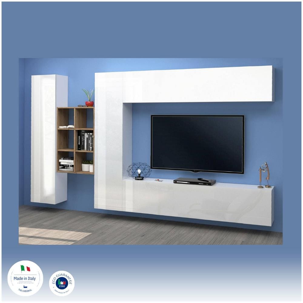 Parete Attrezzata Danilo, Set Salotto Porta Tv A 4 Ante, Mobile Soggiorno Multiuso, 100% Made In Italy, Cm 280x30h180, Bianco Lucido E Acero - Foto 4