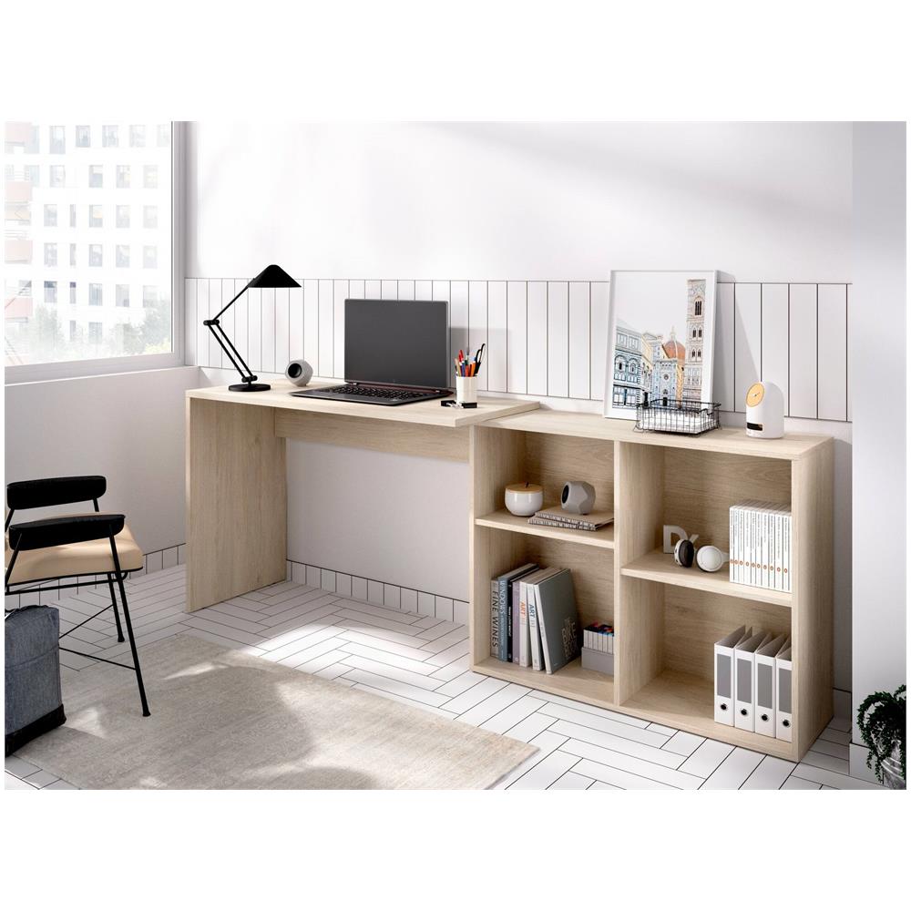 Scrivania Mulaz, Scrittoio Multiposizione Da Ufficio O Cameretta, Tavolo Da Studio Angolare Con Scaffali, 121x96h74 Cm, Rovere - Foto 1