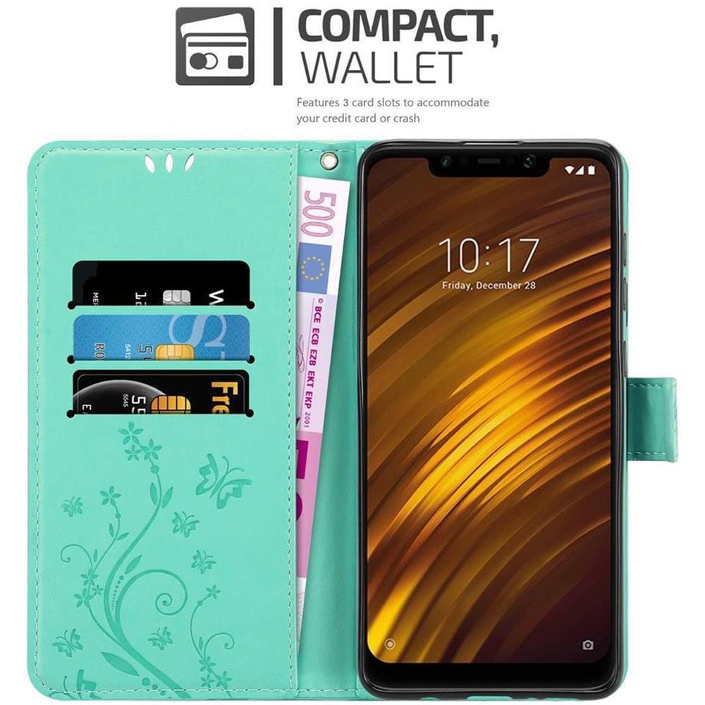 Custodia Compatibile Con Xiaomi Pocophone F1 In Turchese Fiore - Coperchio Protettivo In Design Floreale Con Chiusura Magnetica, Funzione Stand E Slot Per Carte - Foto 2