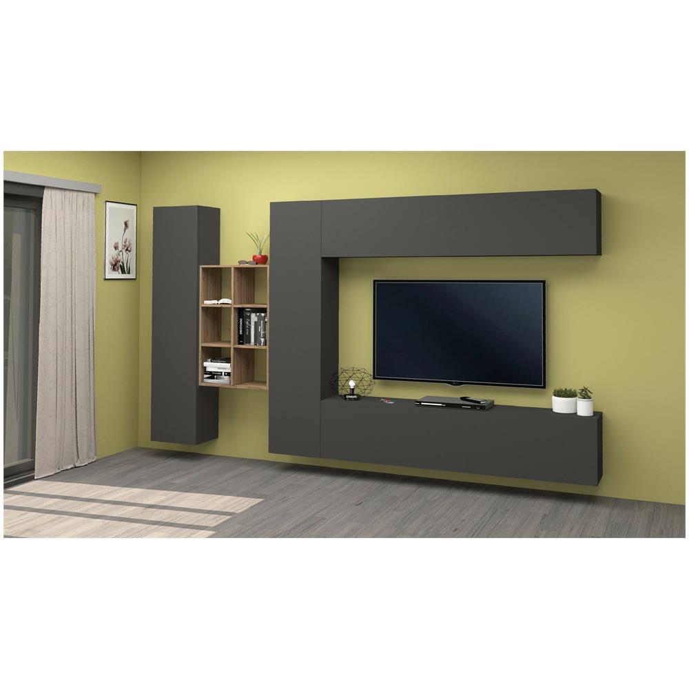 Parete Attrezzata Danilo, Set Salotto Porta Tv A 4 Ante, Mobile Soggiorno Multiuso, 100% Made In Italy, Cm 280x30h180, Antracite E Acero - Foto 1