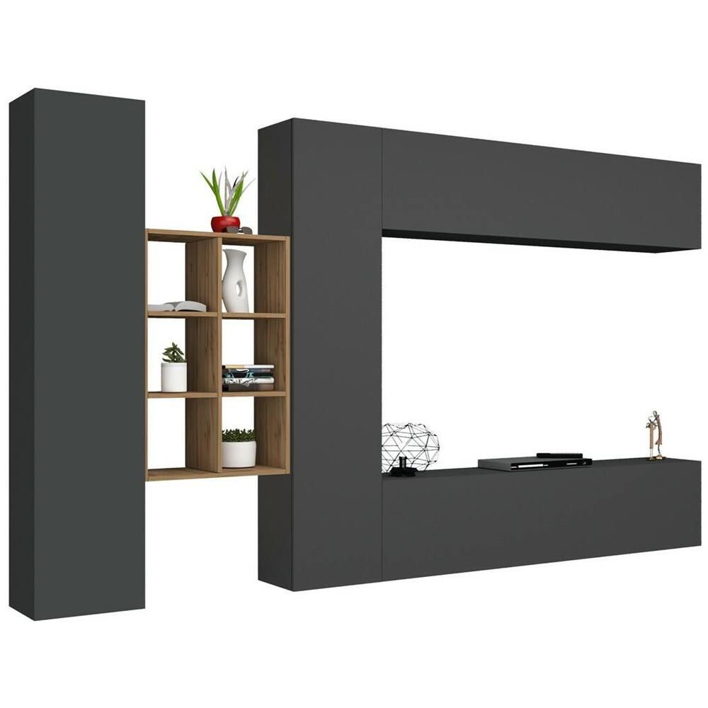 Parete Attrezzata Danilo, Set Salotto Porta Tv A 4 Ante, Mobile Soggiorno Multiuso, 100% Made In Italy, Cm 280x30h180, Antracite E Acero - Foto 2