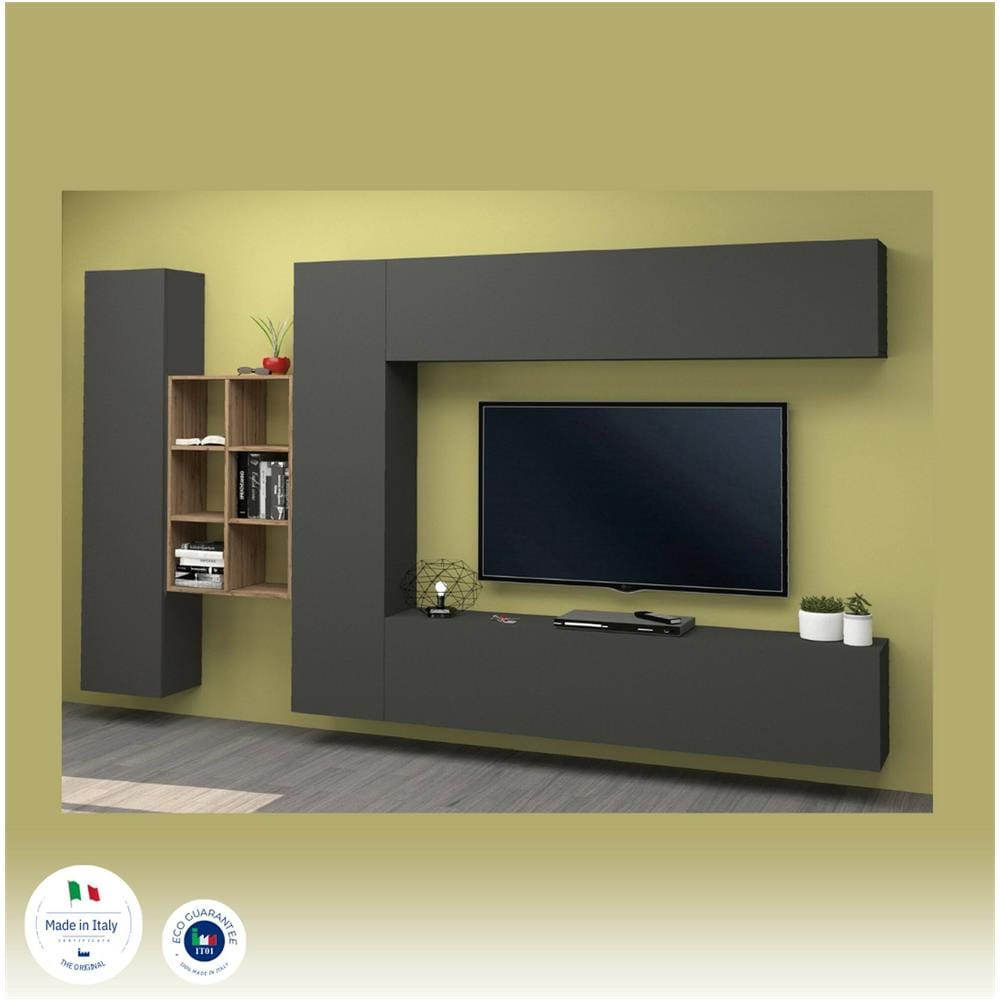 Parete Attrezzata Danilo, Set Salotto Porta Tv A 4 Ante, Mobile Soggiorno Multiuso, 100% Made In Italy, Cm 280x30h180, Antracite E Acero - Foto 4