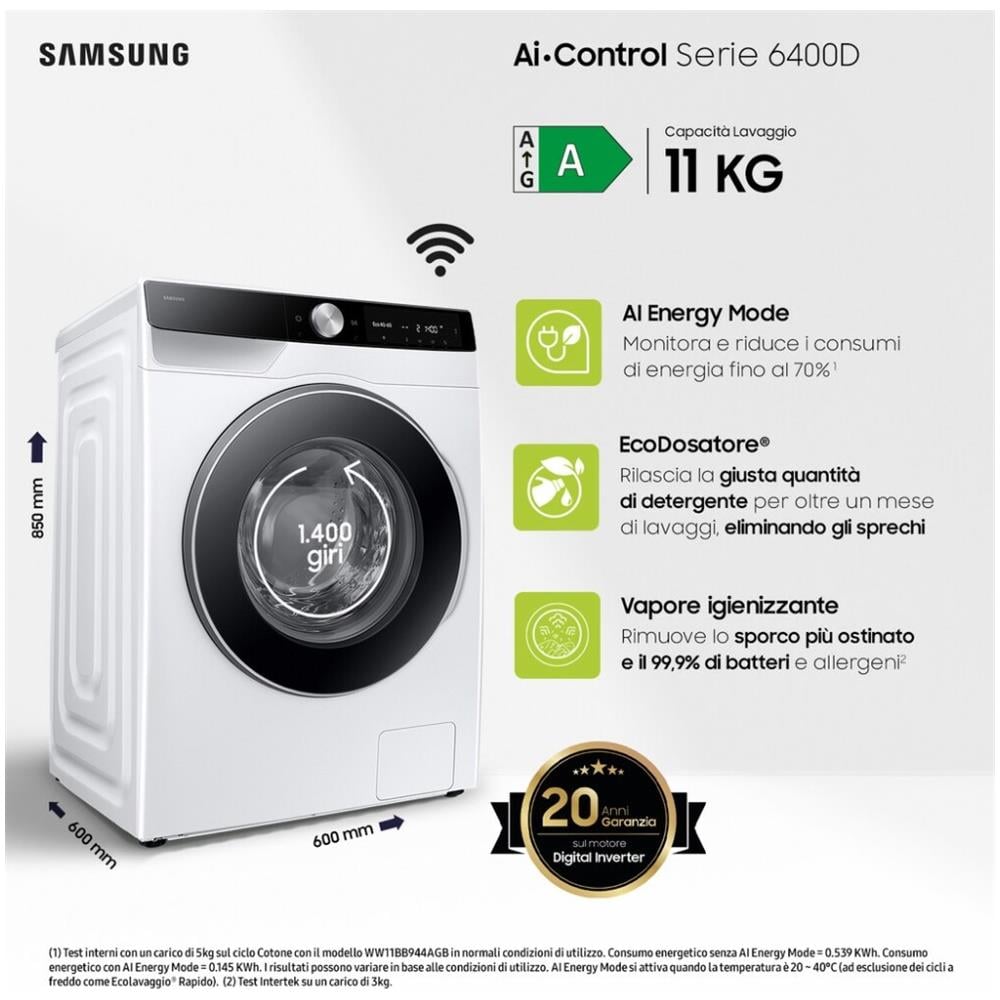 Lavatrice WW11DG6B85LK cm. 60 - Capacità 11 kg Classe A Colore Bianco Condensazione con Pompa di Calore 1400 giri - Foto 5