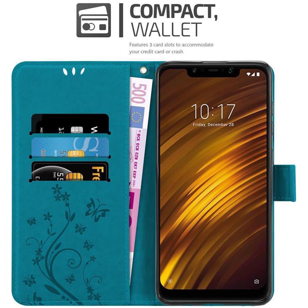Custodia Compatibile Con Xiaomi Pocophone F1 In Blu Fiore - Coperchio Protettivo In Design Floreale Con Chiusura Magnetica, Funzione Stand E Slot Per Carte - Foto 2